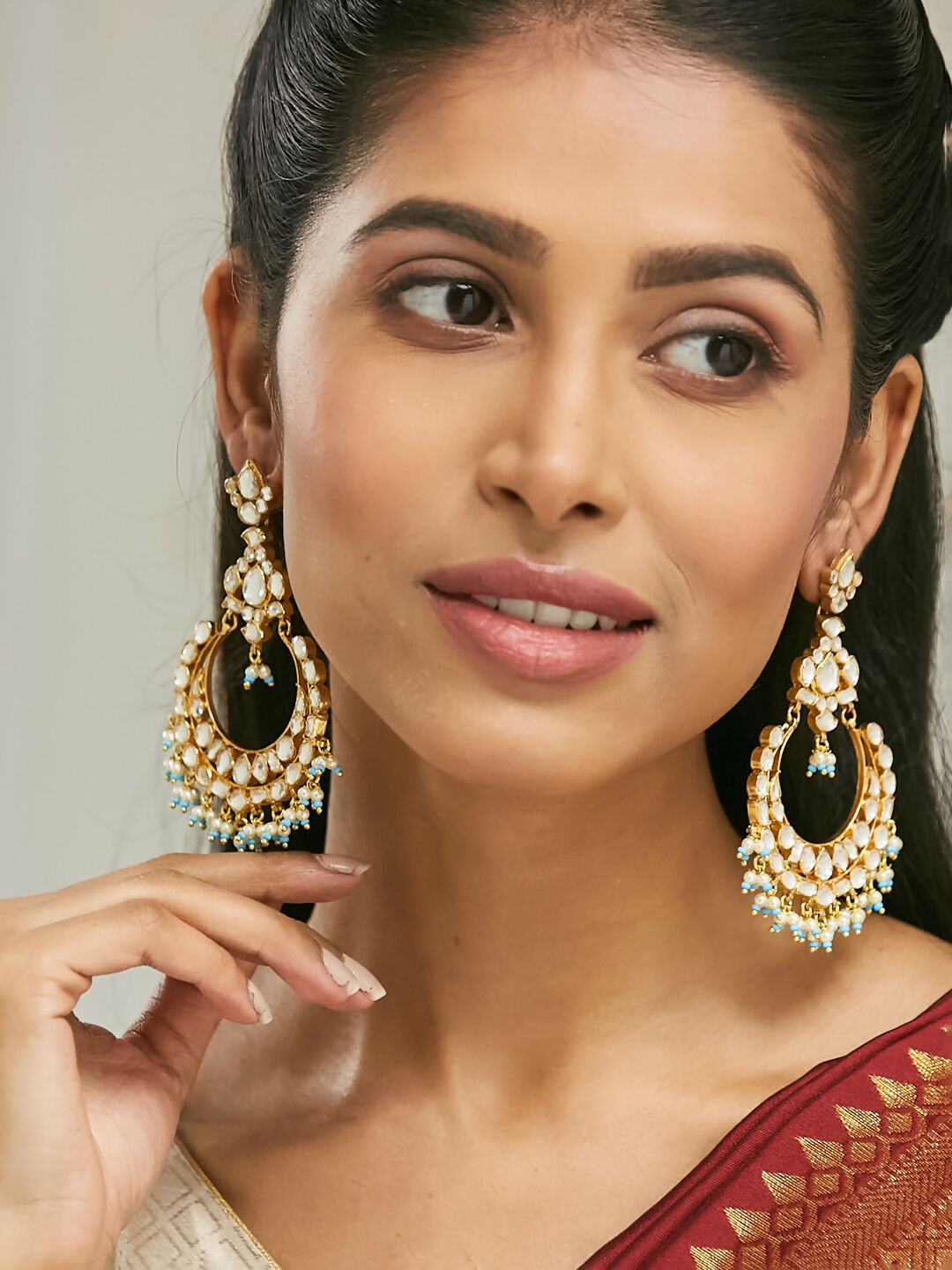 Nuyug 22K Gold-Plated Kundan Stone Studded & Pearl Beaded Chandbalis | Swadesiicart
