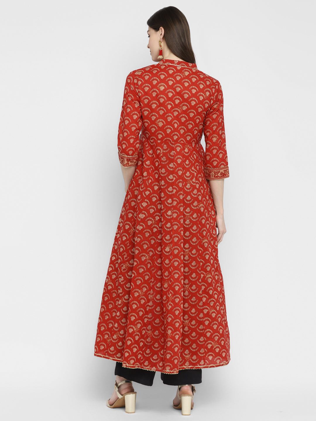 NOZ2TOZ Women's Embroidered & Printed Anarkali Cotton Red Kurta - Swadesiicart