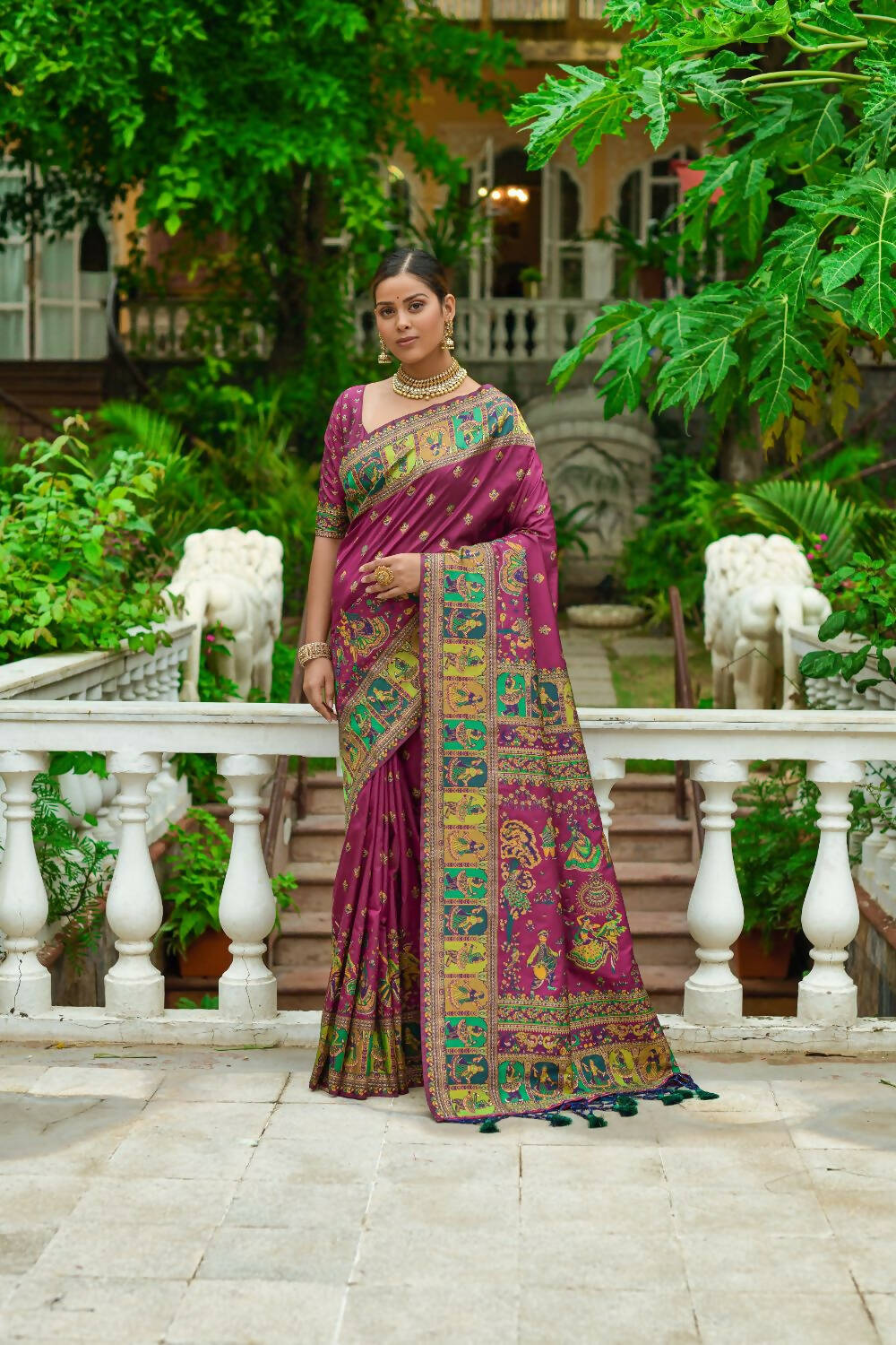 Vishnu Weaves Women's Wine Banarasi Silk Kashmiri Woven Saree with Blouse - Swadesiicart