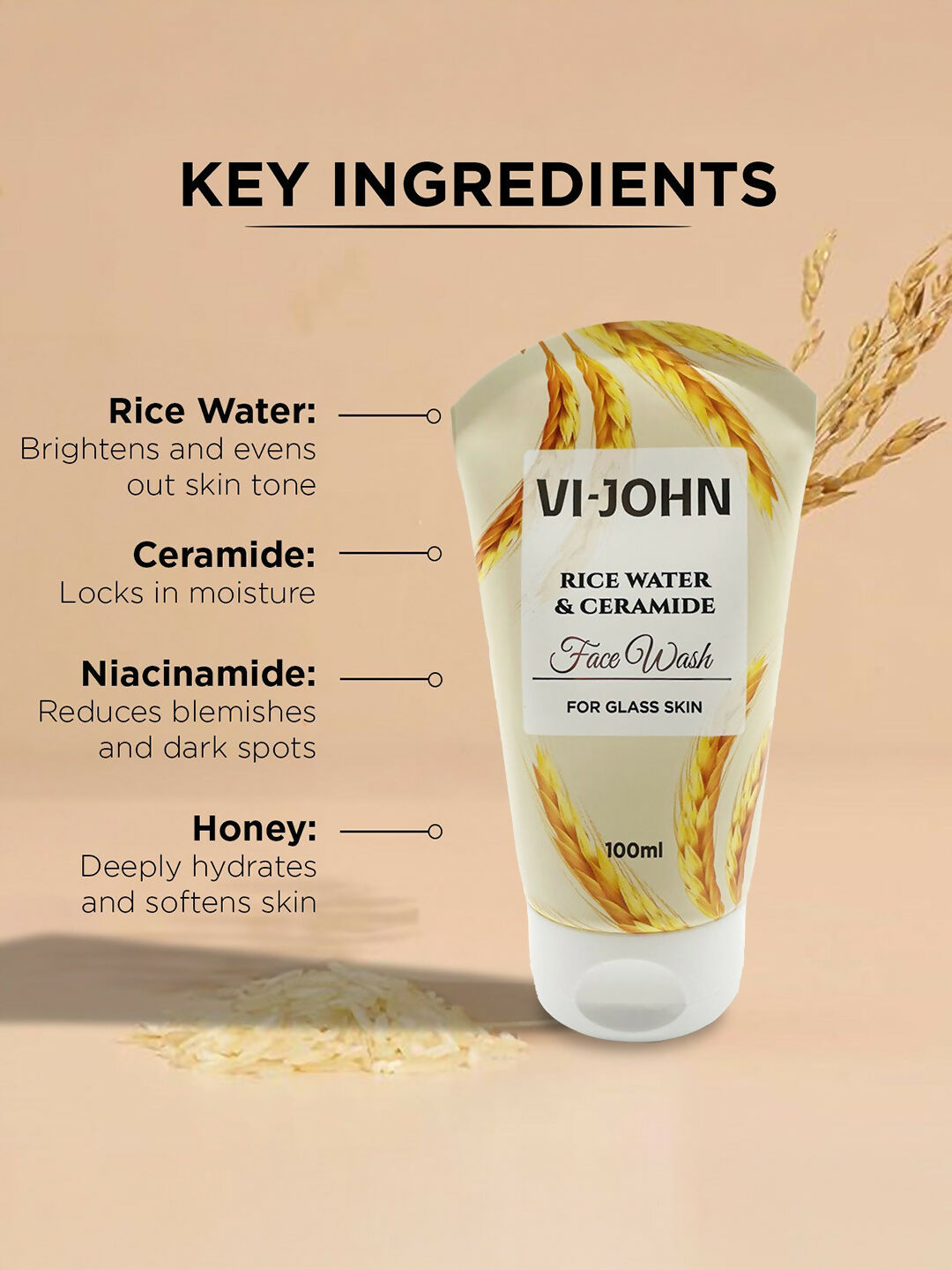 VI-JOHN Rice Water & Ceramide Face Wash For Glass Skin Deep Skin Clean | Swadesiicart