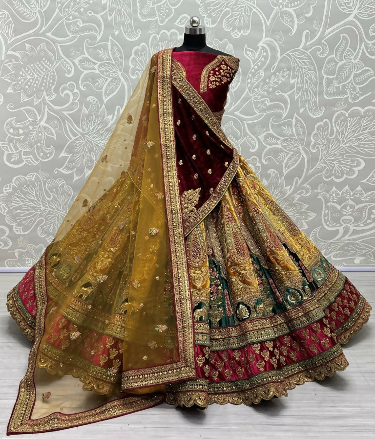 Jyoti Fashion Women's Mustard Velvet Multi Thread Embroidered, Patch Work with Zircon Diamond Wedding Lehenga Choli | Swadesiicart