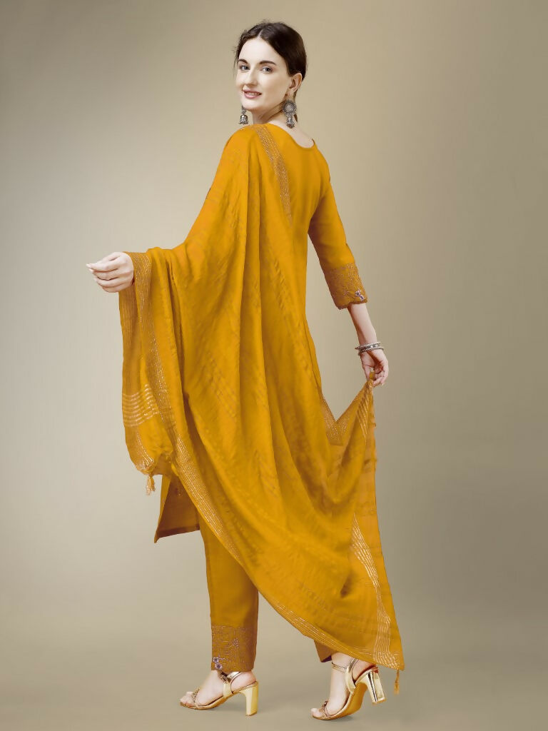 Jyoti Fashion Women's Yellow Cotton Blend Embroidery & Fancy Lace work Kurta with Trouser & Dupatta | Swadesiicart