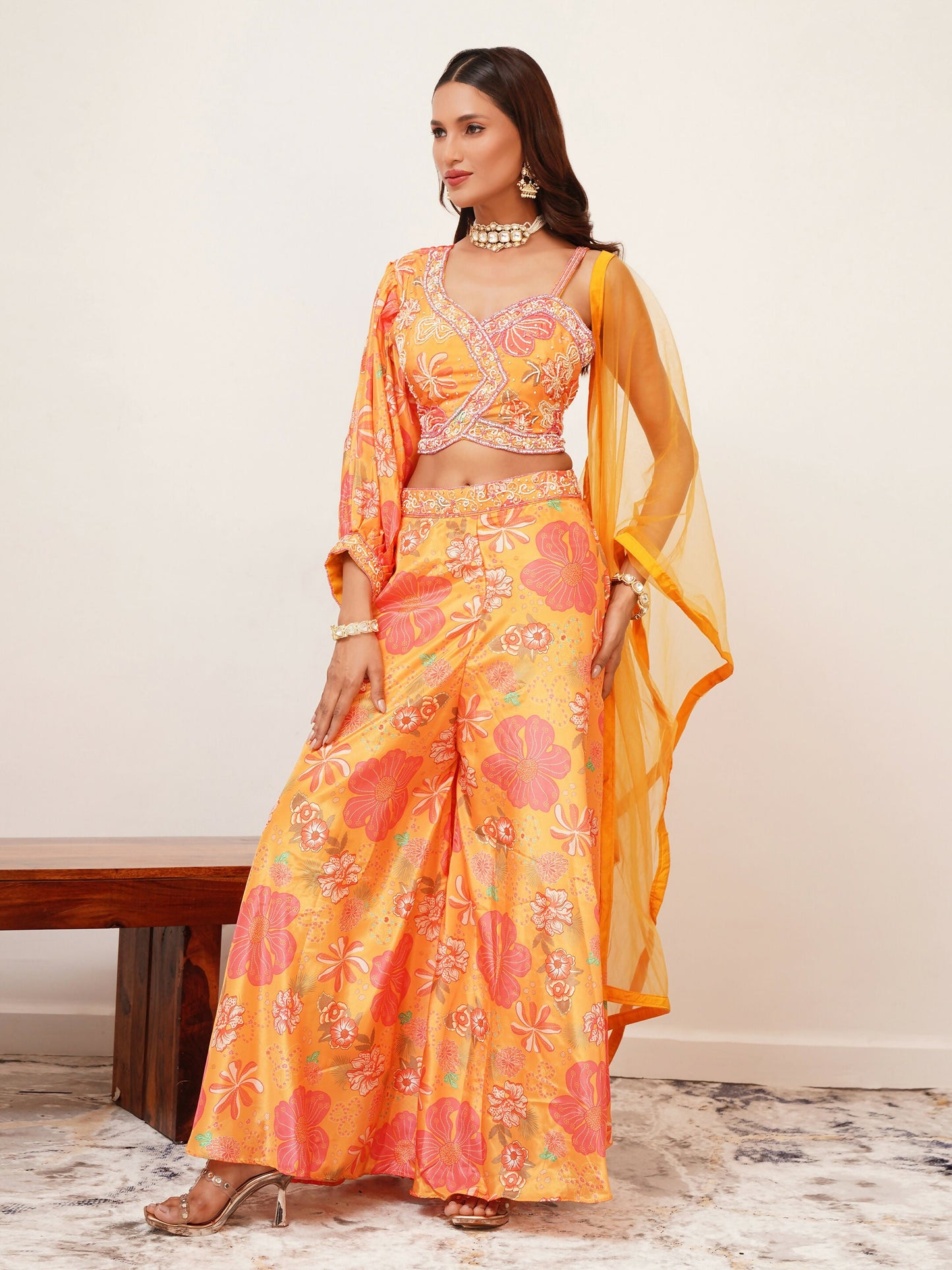 Orange Digital Chinon Handwork Top with Palazzo & Dupatta - Naomika - Swadesiicart