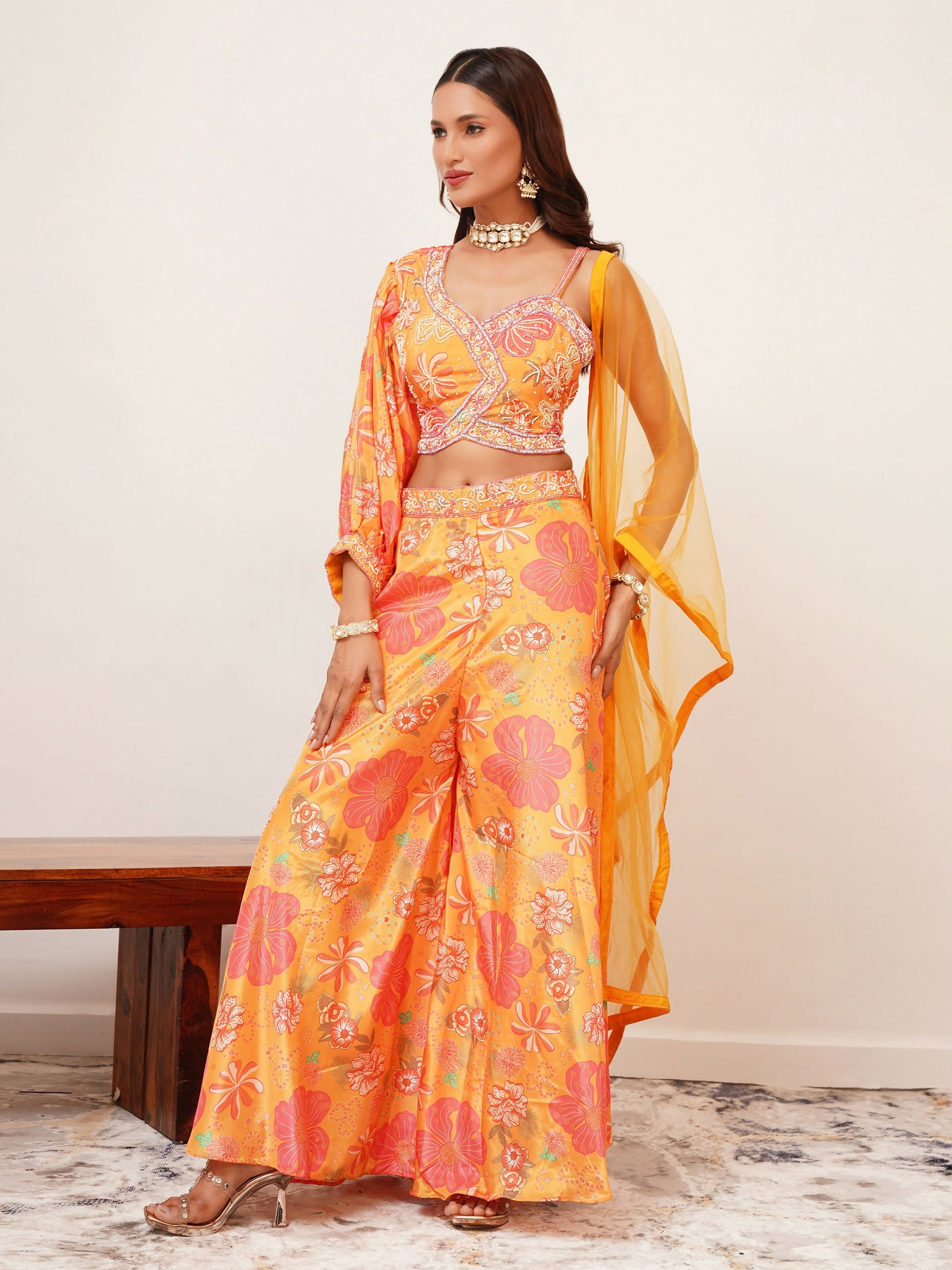 Orange Digital Chinon Handwork Top with Palazzo & Dupatta - Naomika - Swadesiicart