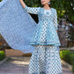Juniper Women's Blue Cotton Cambric Floral Placement Printed Anarkali Kurta Sharara & Dupatta Set | Swadesiicart