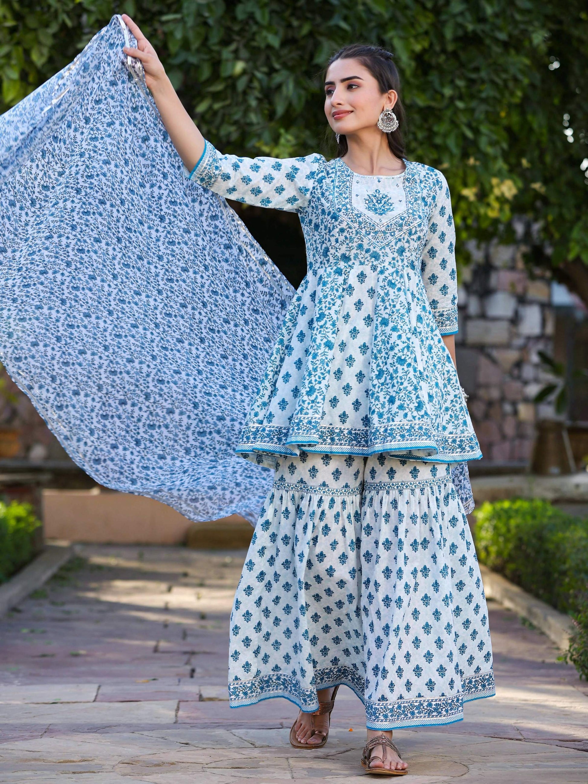 Juniper Women's Blue Cotton Cambric Floral Placement Printed Anarkali Kurta Sharara & Dupatta Set | Swadesiicart