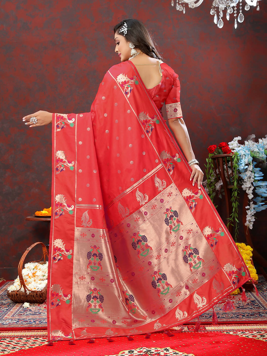 Lorenvalley Fashion Red Soft Paithani Silk Woven Design Copper Zari Meenakari Weaving Saree - Swadesiicart