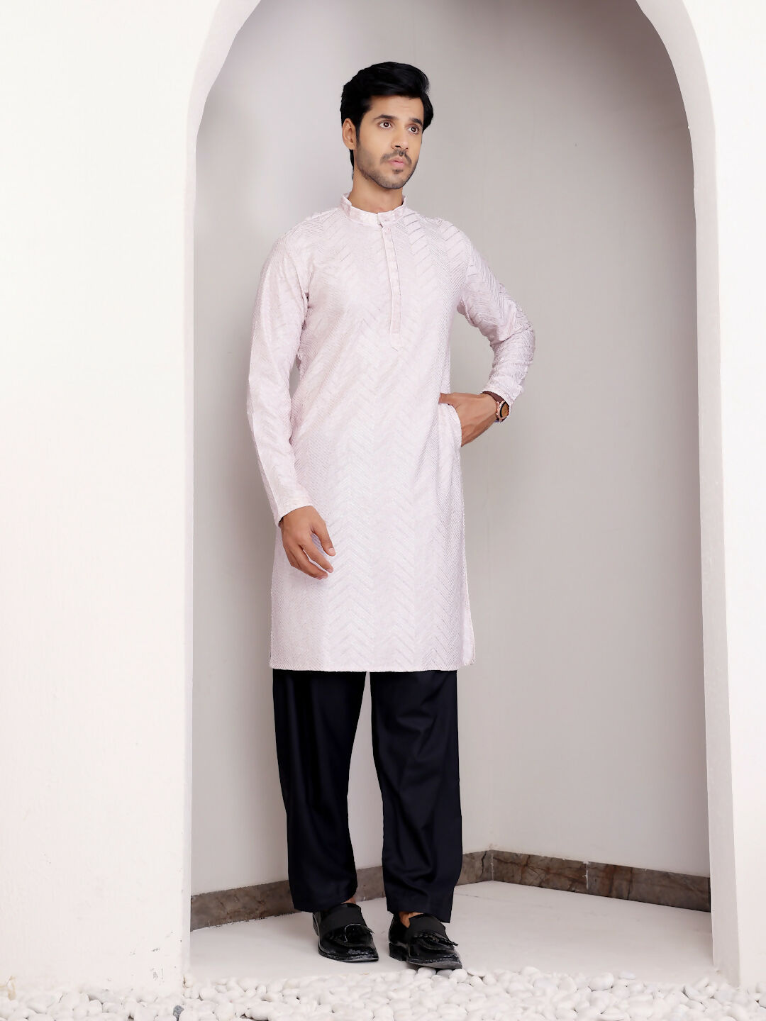 Light Pink Georgette Designer Chikankari Embroidery Work Men's Kurta - Mahotsav | Swadesiicart