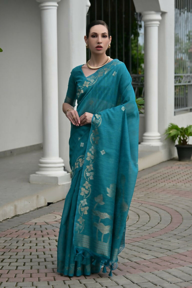 Vishnu Weaves Women's Firozi Linen Silk Zari Weaving Saree with Blouse - Swadesiicart