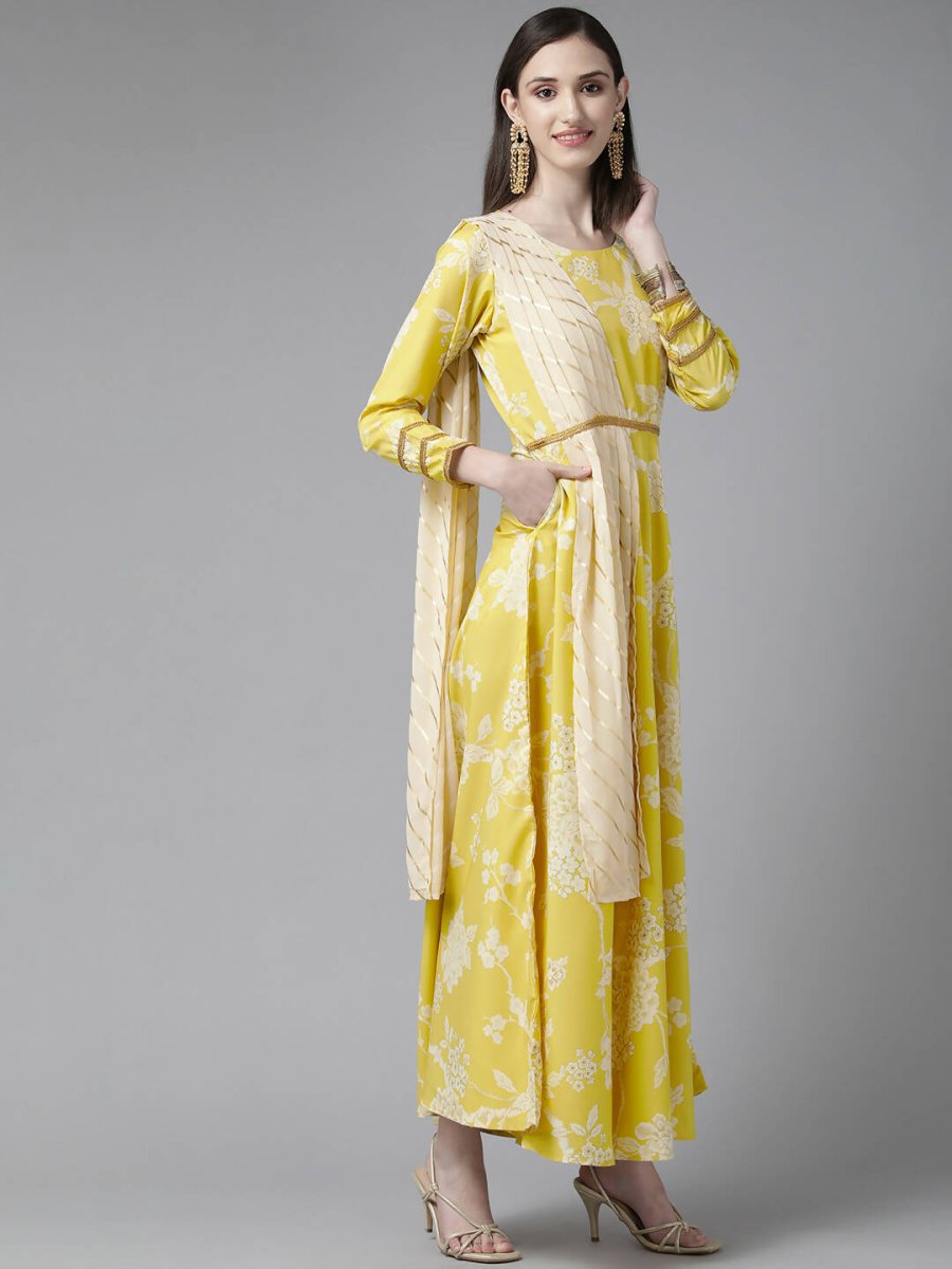 Ahalyaa Womens Lemmon Yellow Crepe Digital Printed Drapped Dress | Swadesiicart