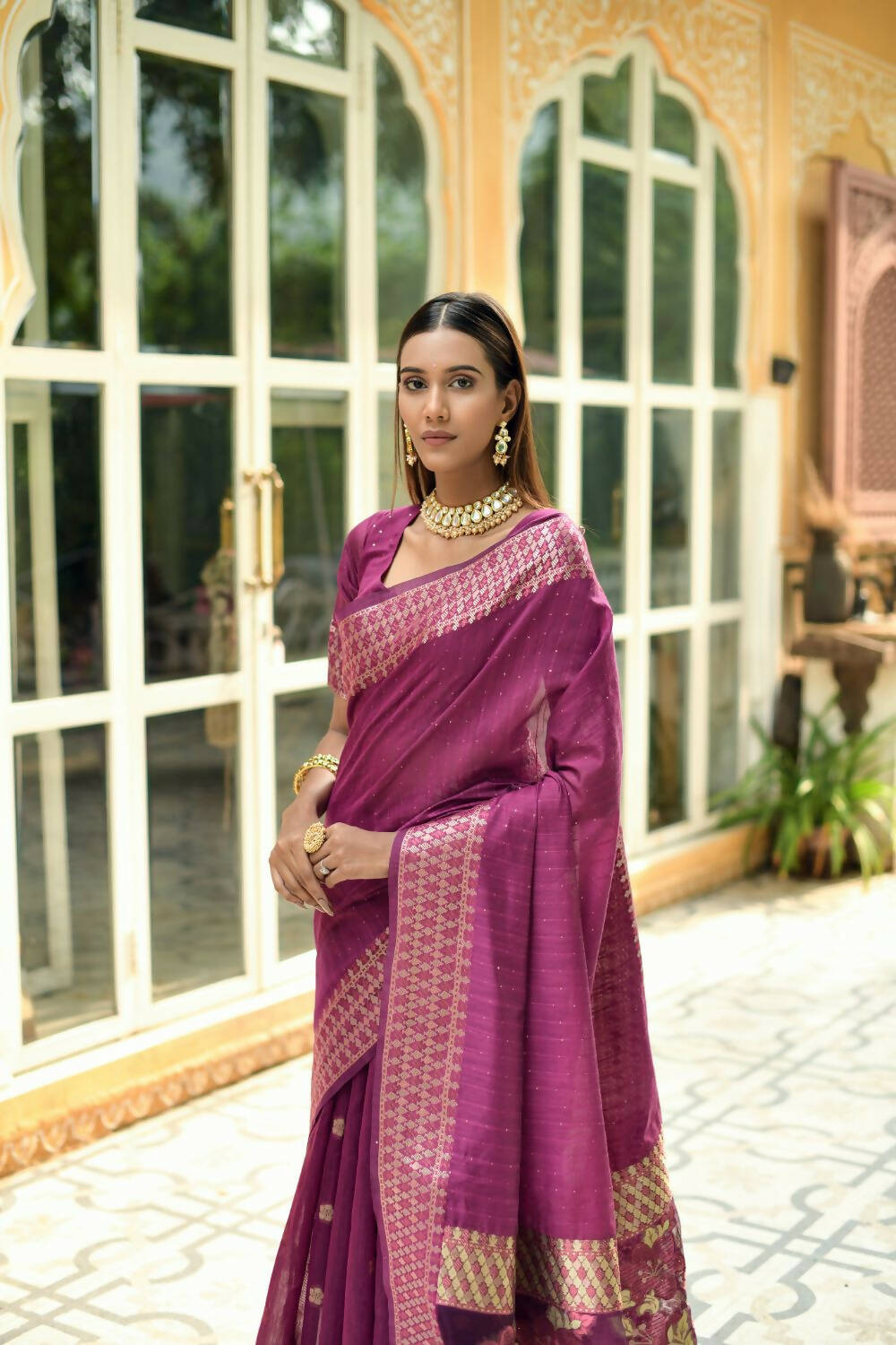 Vishnu Weaves Women's Wine Cotton Silk Zari Woven Butta Work Saree with Blouse - Swadesiicart