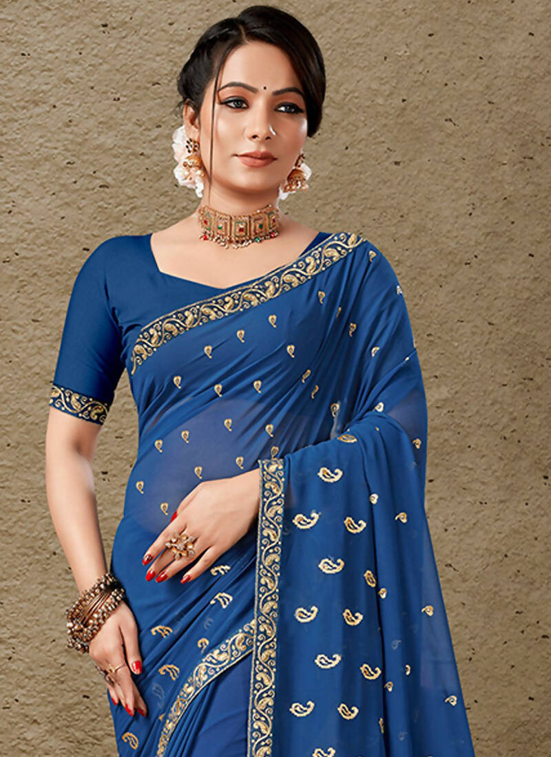 Blue Georgette Embroidered Saree with Unstitched Blouse Piece - Avika