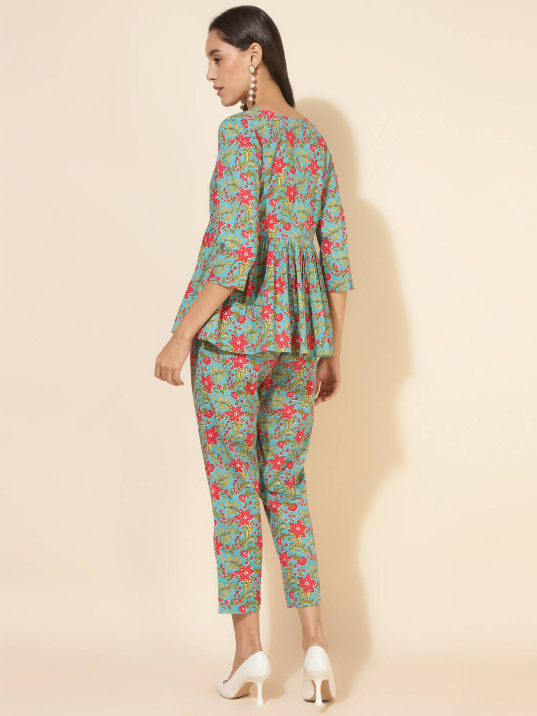 Janasya Women's Blue Cotton Printed Casual Peplum Co-ords - Swadesiicart