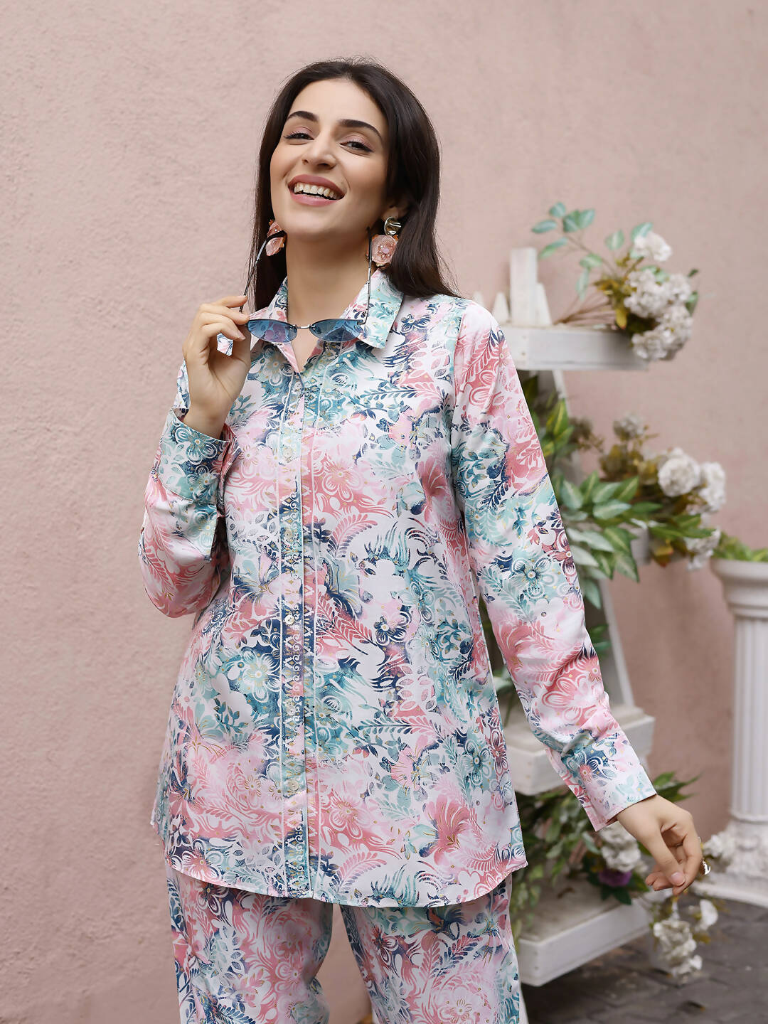 Blue & Pink Rayon Floral Printed Top with Matching Bottom - Eesha - Swadesiicart