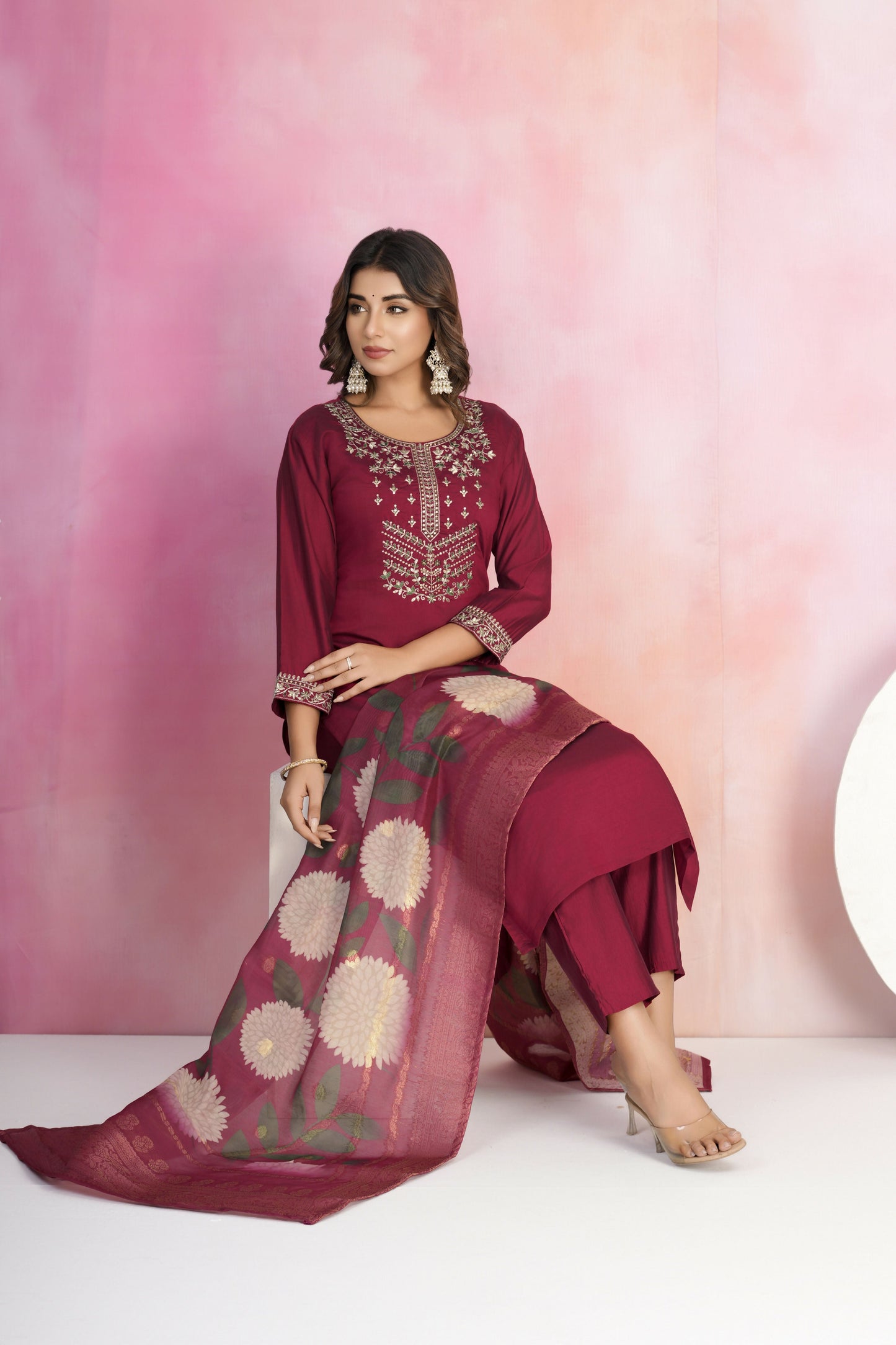 Ethnic Festive Wear Viscose Chanderi Maroon Stitched Suit With Dupatta - Tanisha | Swadesiicart