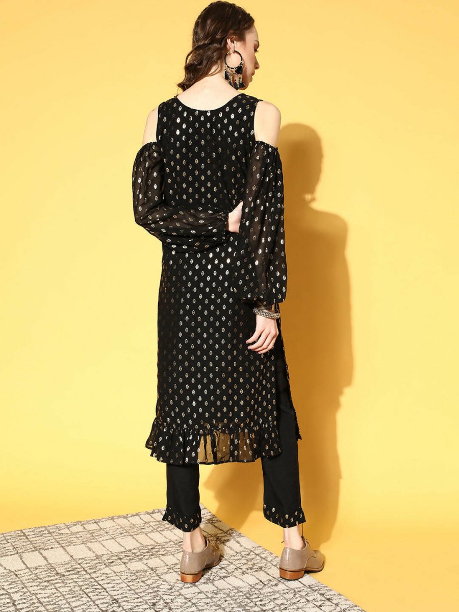 Ahalyaa Women Black Colour Georgette Gold Foil Printed Kurta Pant Set | Swadesiicart