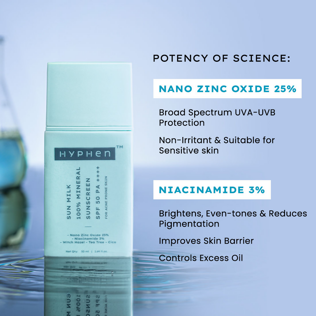 Hyphen Sun Milk 100% Mineral Sunscreen SPF 50 PA++++ 25% Nano Zinc Oxide For Acne Prone, Oily Skin | Swadesiicart