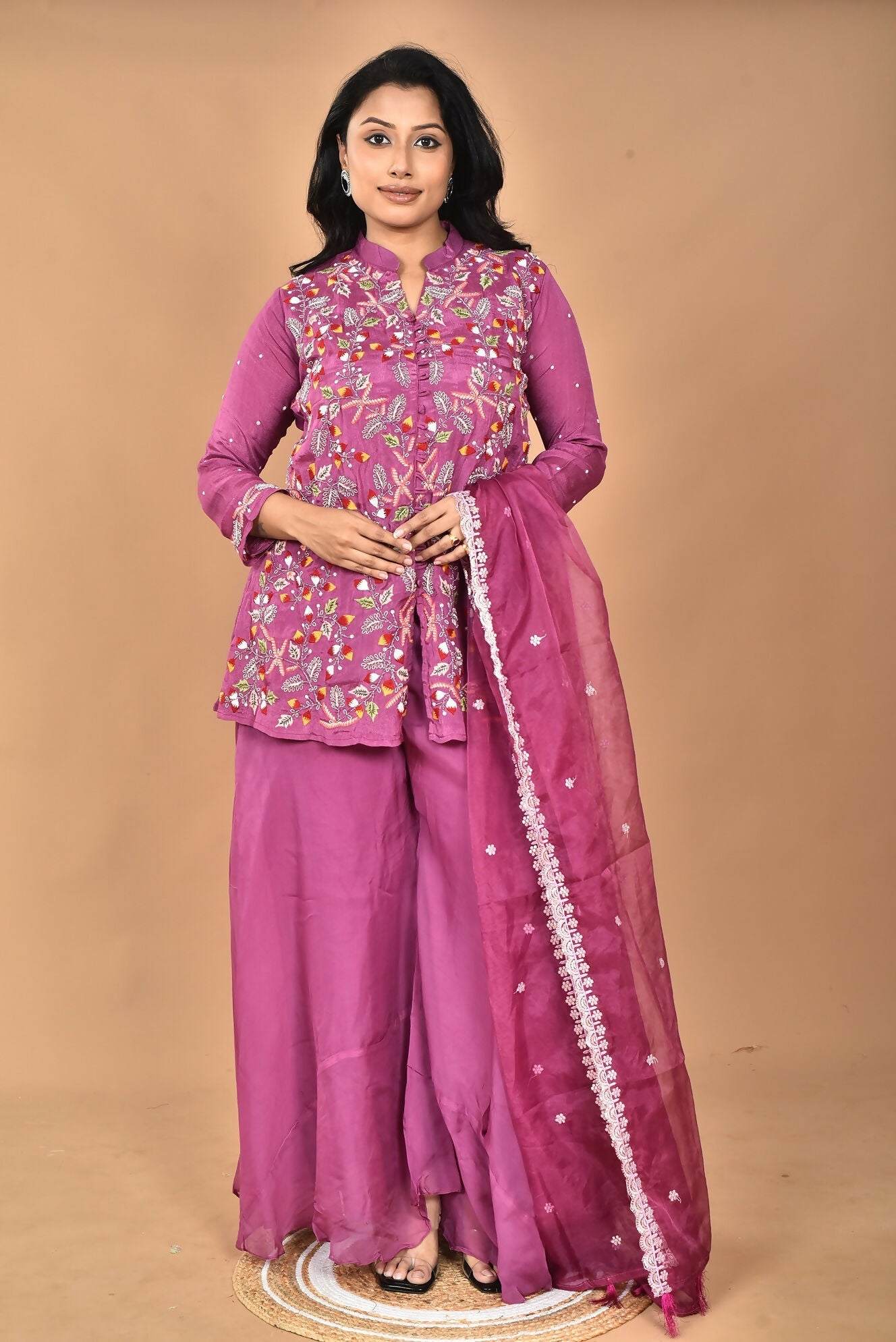 Morchari Women And Hand Embroidery Palazzo Set-Purple - Swadesiicart