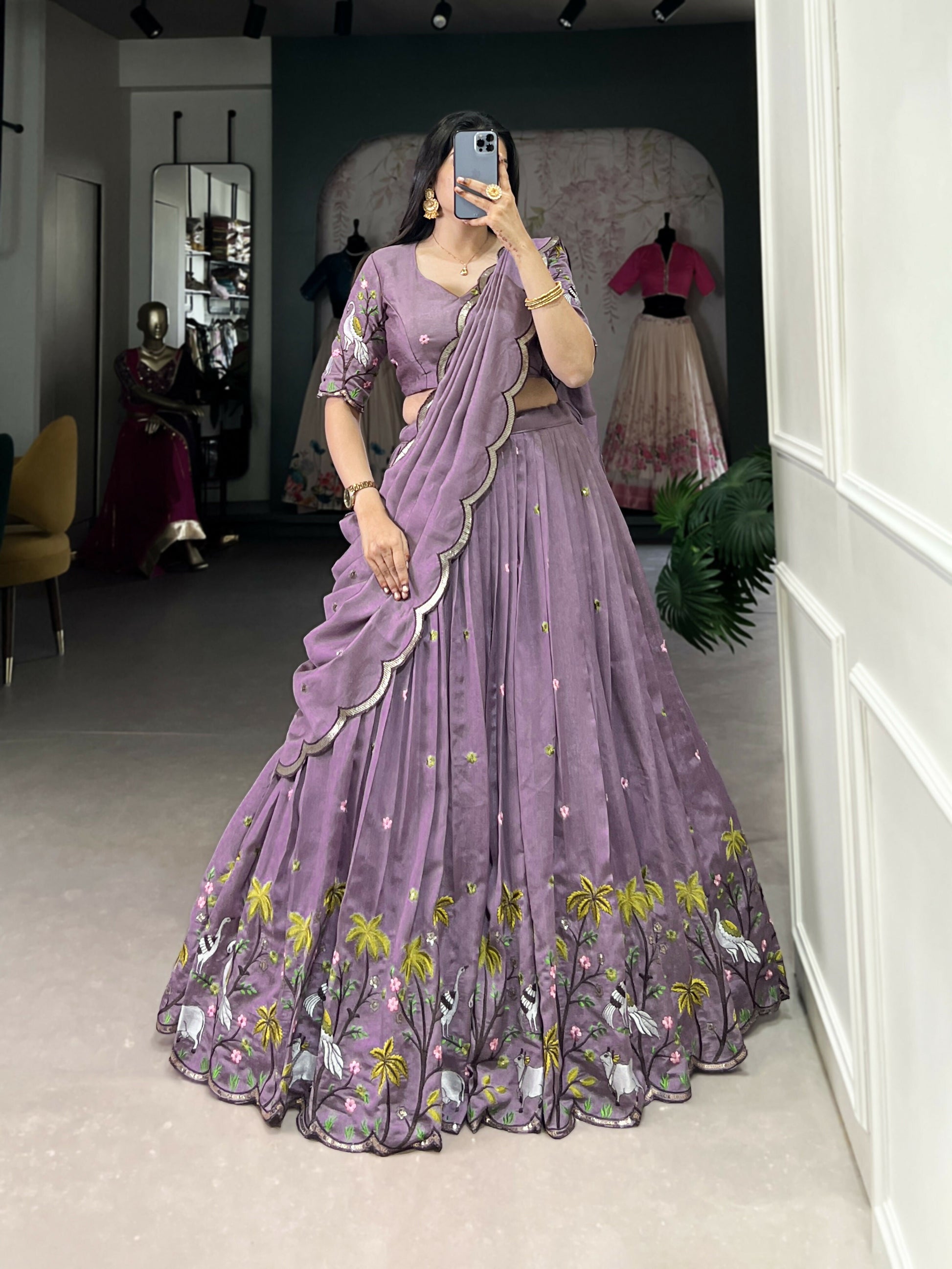 Lorenvalley Lavender Vichitra Simmer Sequins and Thread Embroidery Work Lehenga Choli | Swadesiicart