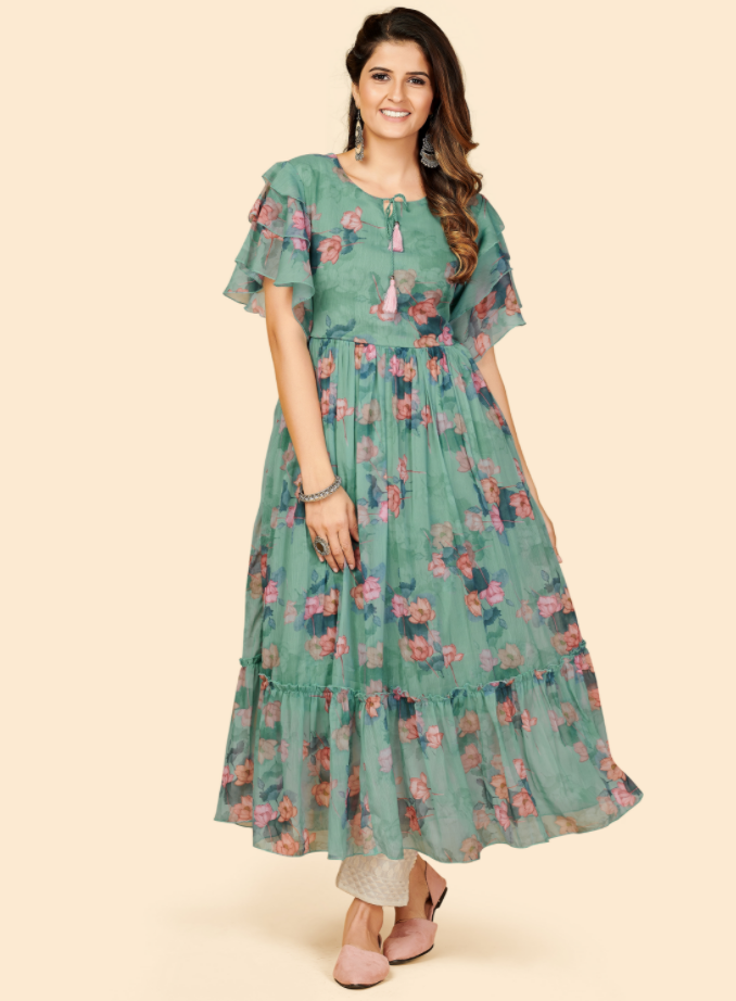 NOZ2TOZ Women's Printed Anarkali Georgette Aqua Green Stitched Kurta (1Pc) - Noz2Toz