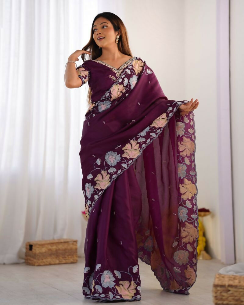 Vamsee Sharmila Purple Tissue Silk Saree - Swadesiicart