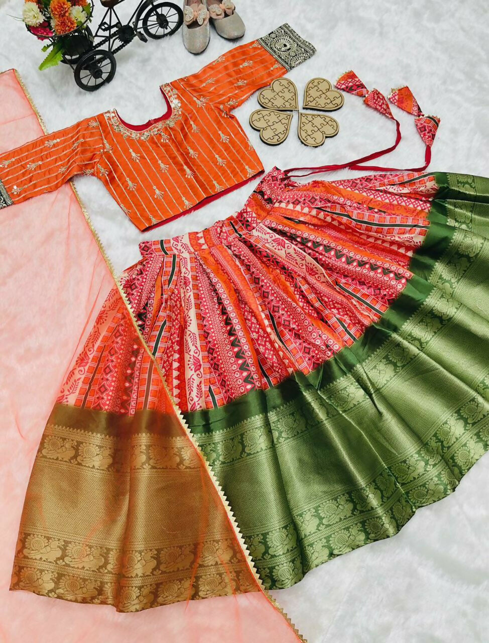 Jyoti Fashion Gorgeous Orange Pure Kota Silk Print with Zari Woven Kids Lehenga Choli Set | Swadesiicart