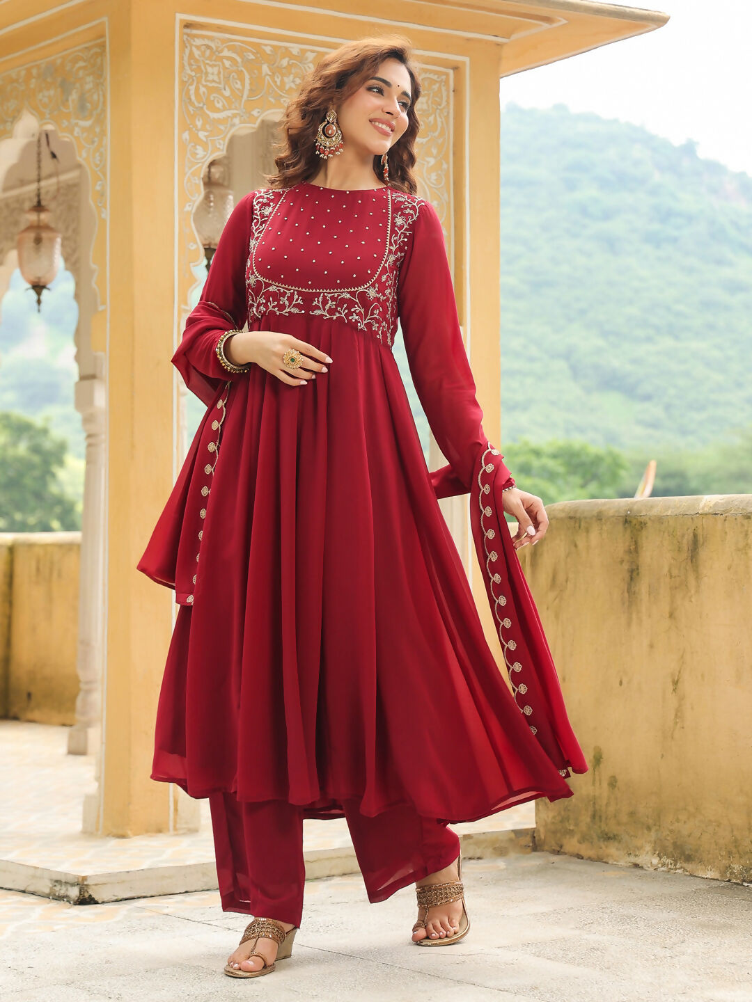 Janasya Maroon Georgette Embroidered Kurta,Bottom & Dupatta | Swadesiicart