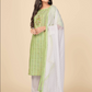 NOZ2TOZ Women's Printed & Hand Work Straight Cotton Parrot Green Kurta Pant With Dupatta (3Pcs Set) - Noz2Toz