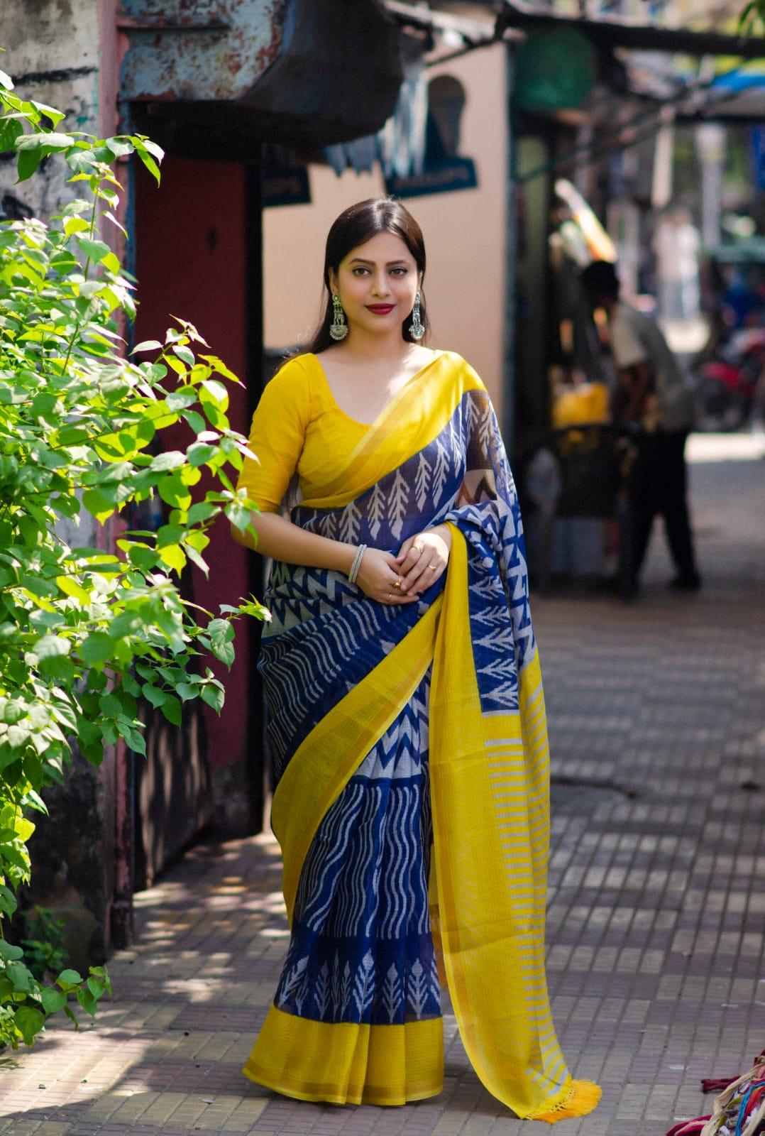 Blue Polycotton Ethnic Motifs Saree with Unstitched Blouse - Hiral Fashion | Swadesiicart