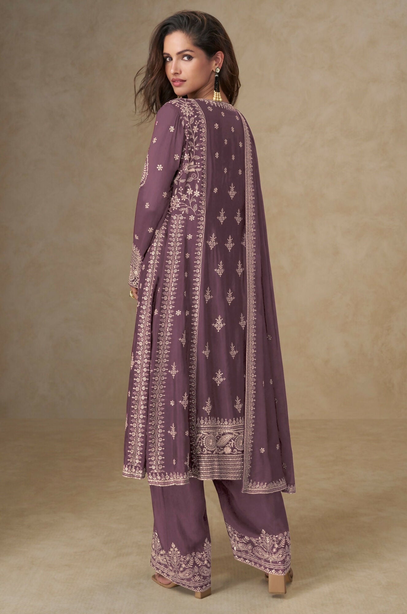 Anaita Purple Chinon Silk Stitched Suit with Embroidery & Sequence Work