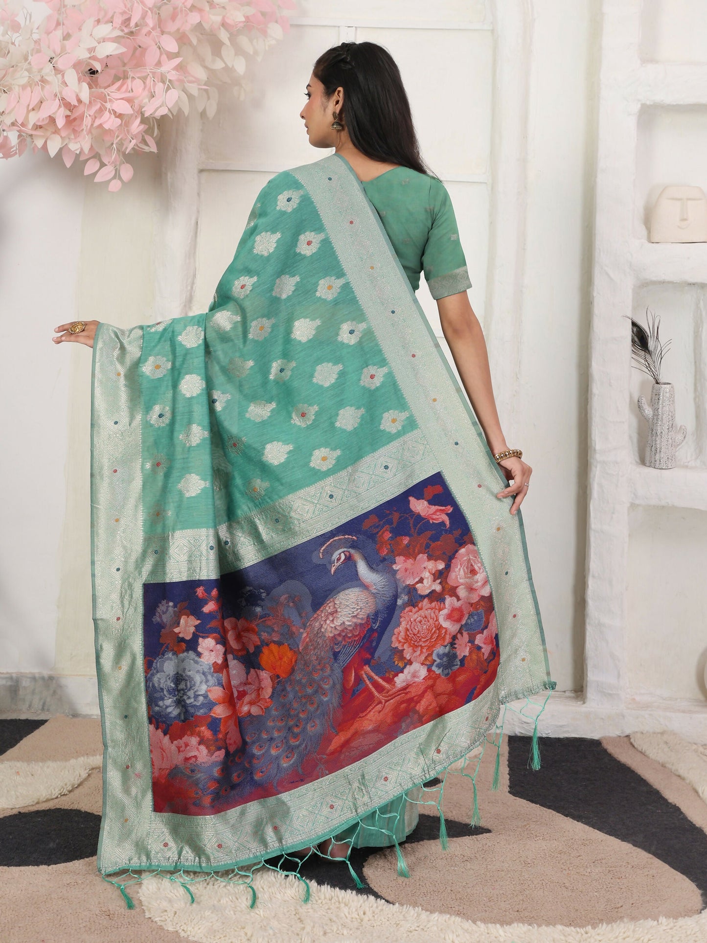 Shree Shyam Fashion Linen Cotton Rama Green Saree