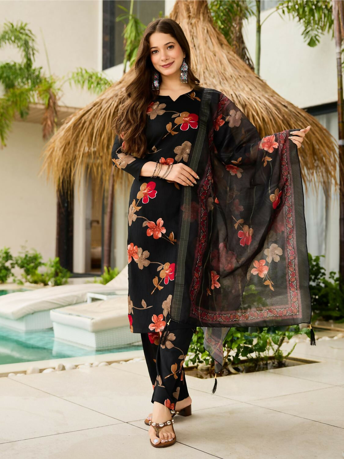The52 Black Women's Gorgeous Printed Silk Blend Fabric Straight Kurta, Pant and Dupatta Set - Swadesiicart