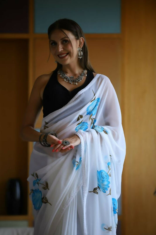 Vamsee Laxmi White Georgette Saree - Swadesiicart