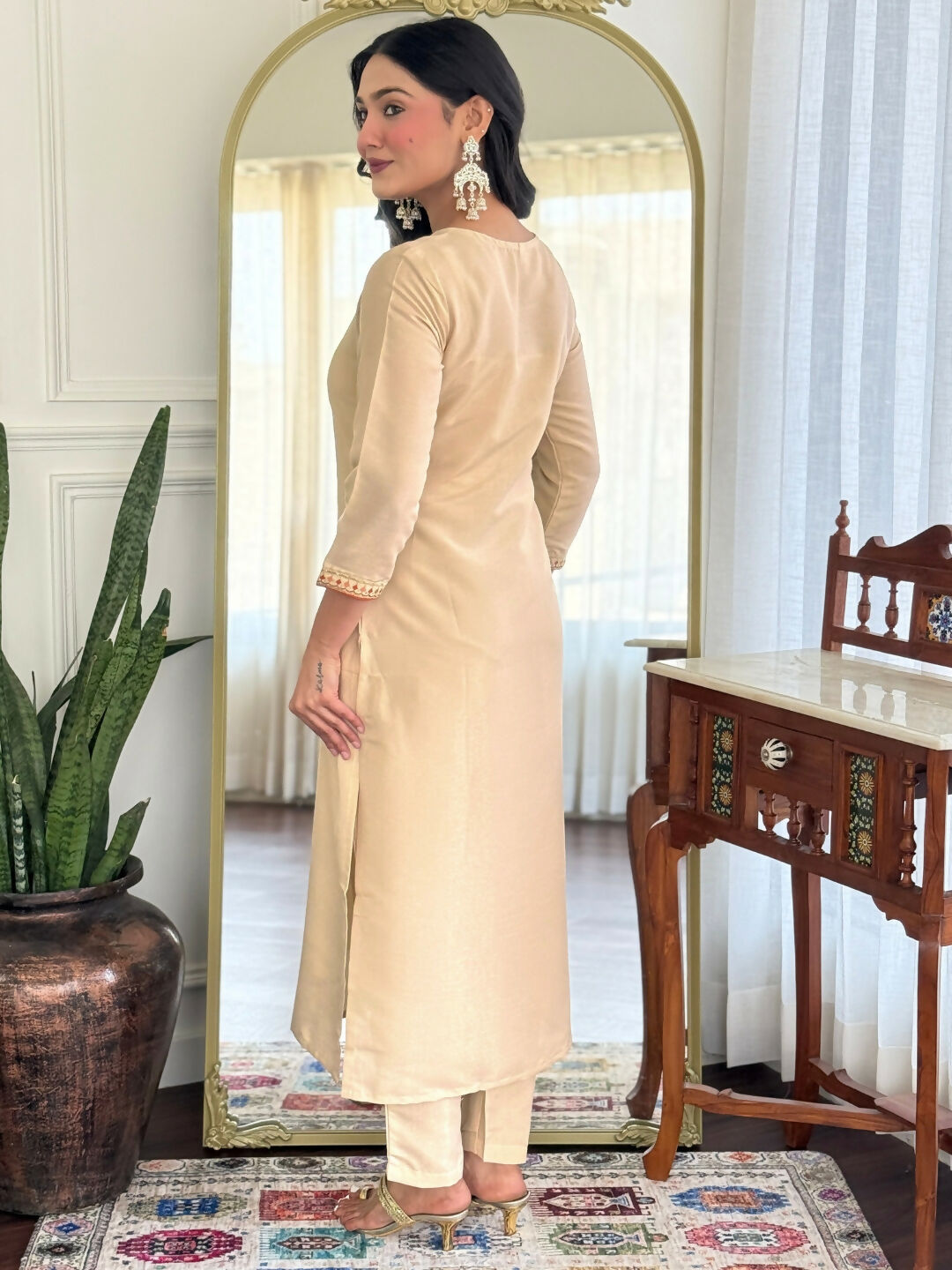 The52 Chiku Women's Beautiful Rayon Fabric Embroidered Work Straight Kurta Pant and Dupatta Set - Swadesiicart