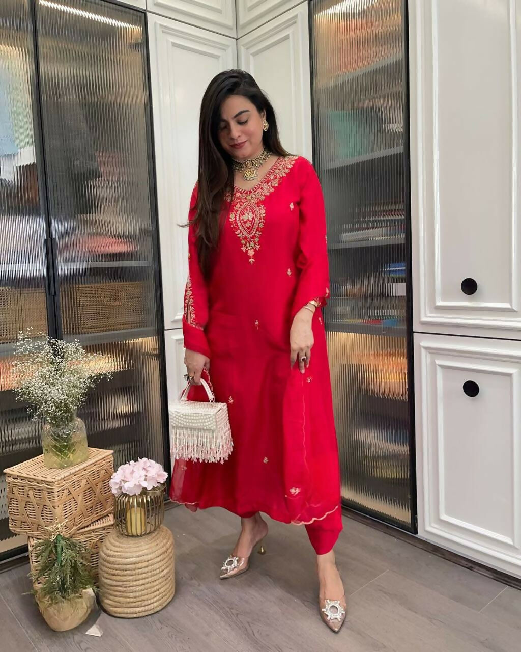 The52 Red Beautiful Embroidered Rayon Fabric Straight Kurta Pant with Dupatta Set - Swadesiicart