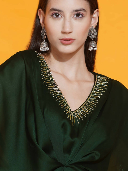 Women Republic Green Georgette Hand Embellished Kaftan Style Gown | Swadesiicart