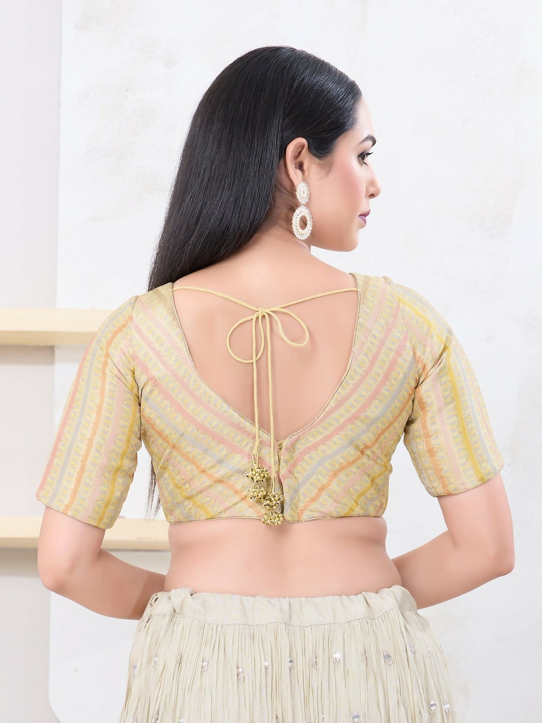 Joban Fashion Gold Jacquard Elbow Sleeveless Back Open Blouse - Swadesiicart
