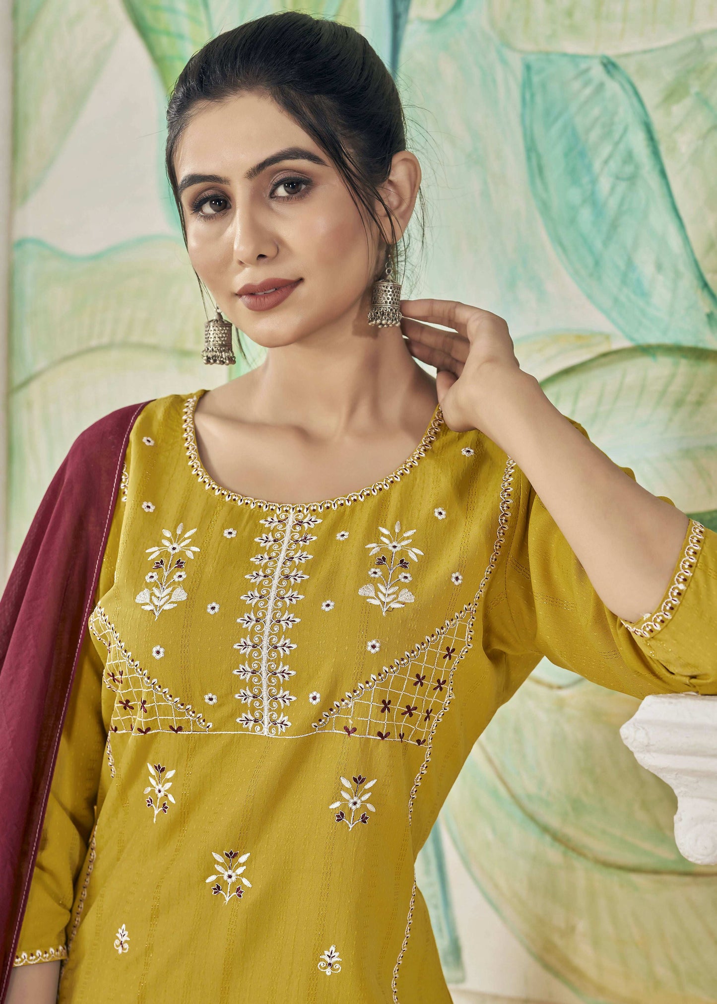 Jyoti Fashion Women's Mustard Pure Viscose Weaving Stripe with Embroidery Kurta Set | Swadesiicart