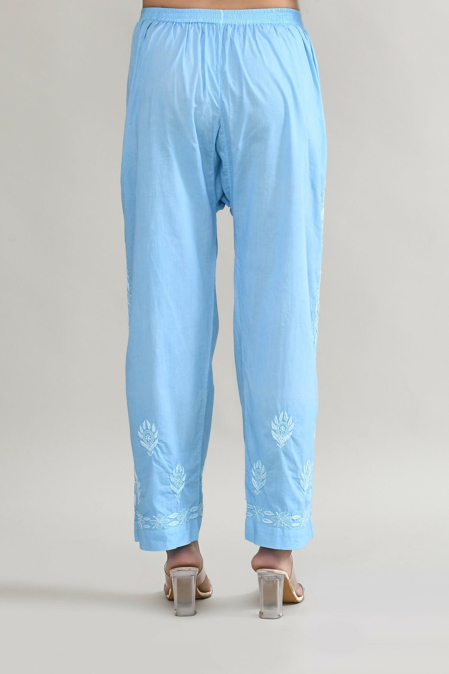 Joban Fashion Womens Cotton ChikanKari Sky Blue & White Cord set - Swadesiicart