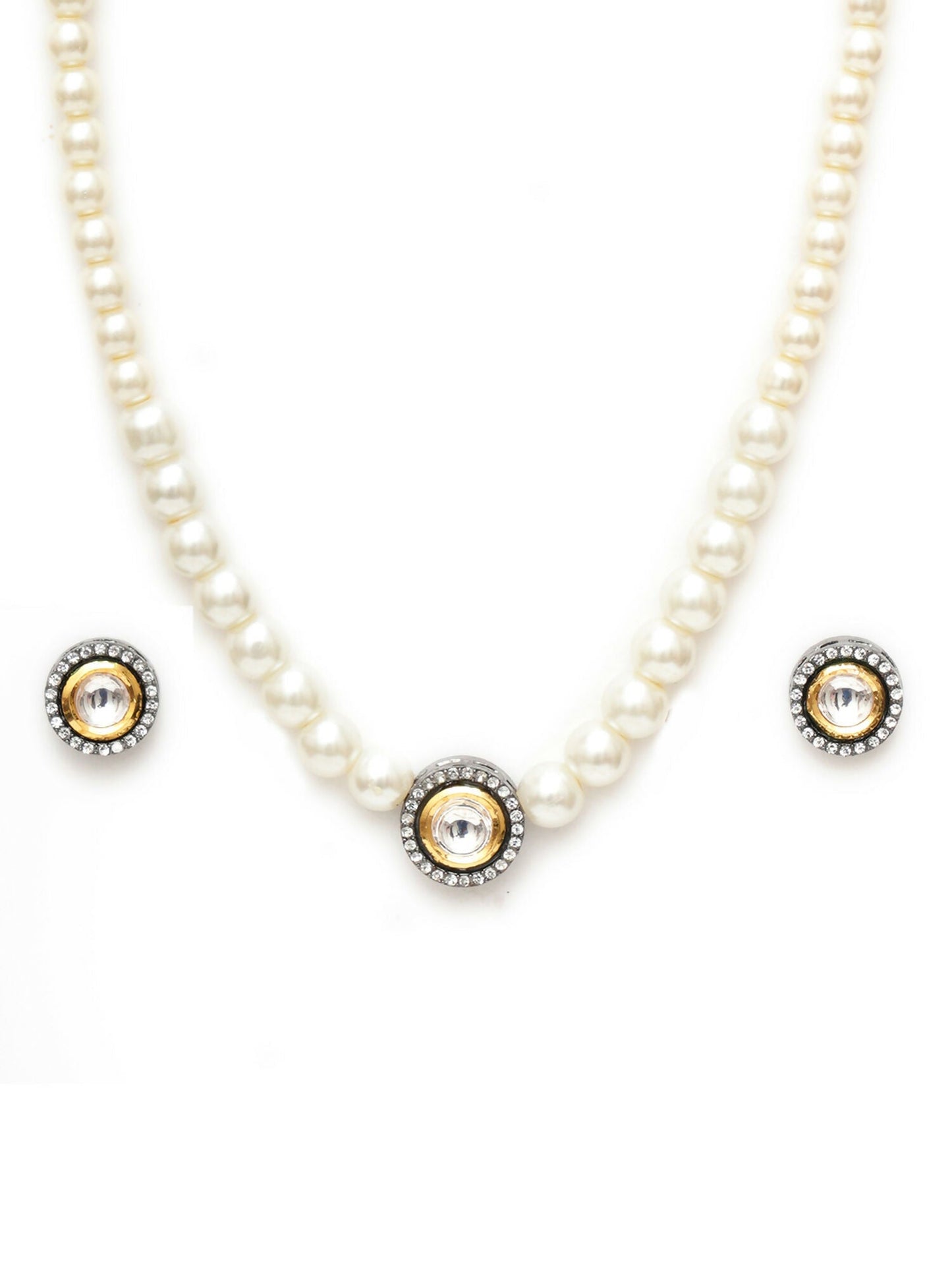 Kundan and Pearl Choker with Studs Jewellery Set (white) - Ruby Raang - Swadesiicart