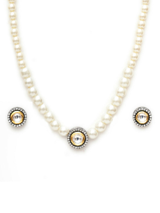 Kundan and Pearl Choker with Studs Jewellery Set (white) - Ruby Raang - Swadesiicart