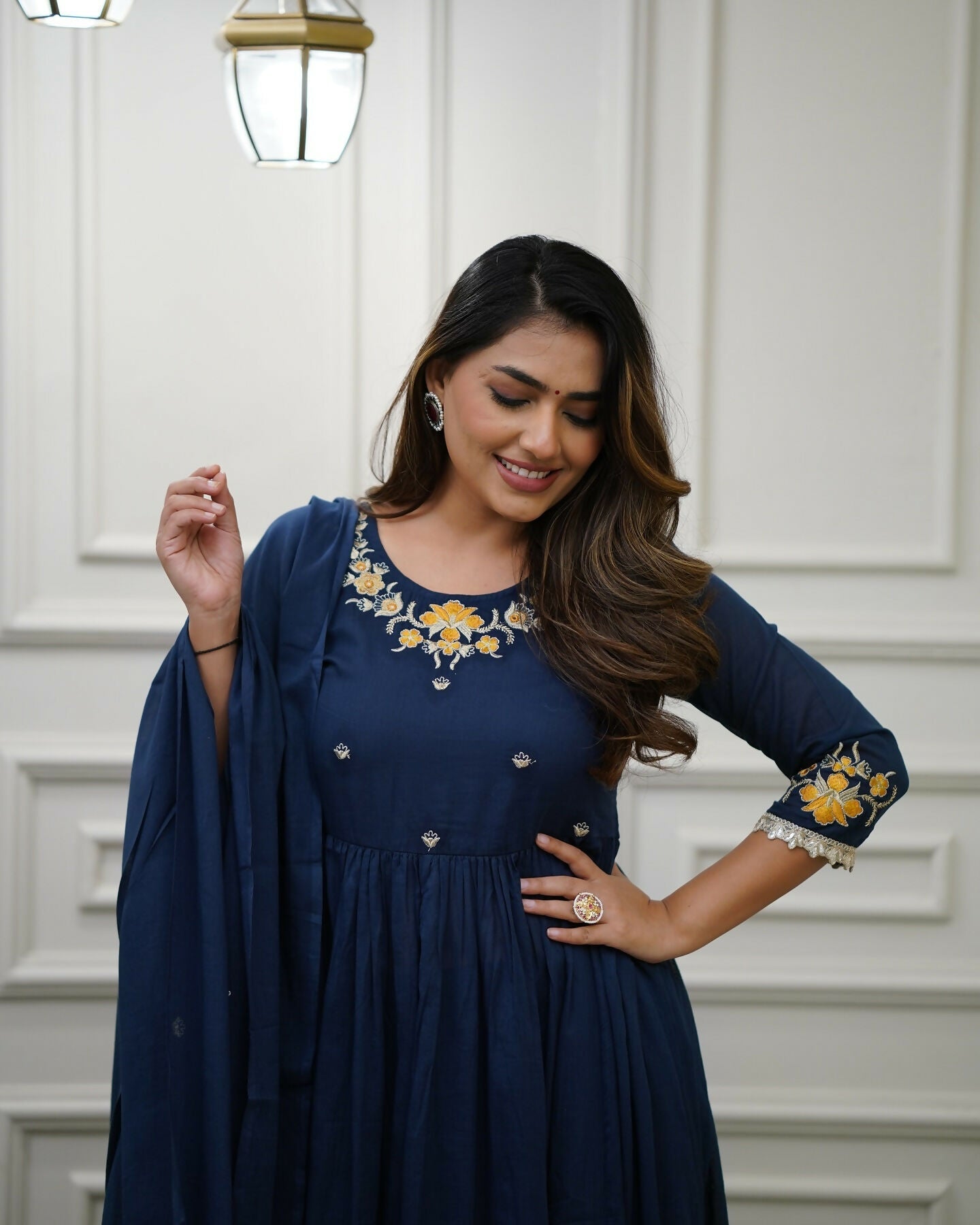 The52 Blue Women's Gorgeous Viscose Fabric Embroidered Work Flared Kurta Pant and Dupatta Set - Swadesiicart