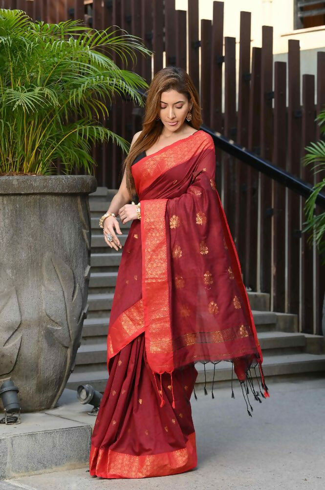 Beatitude Red Cotton Banarasi Saree | Swadesiicart