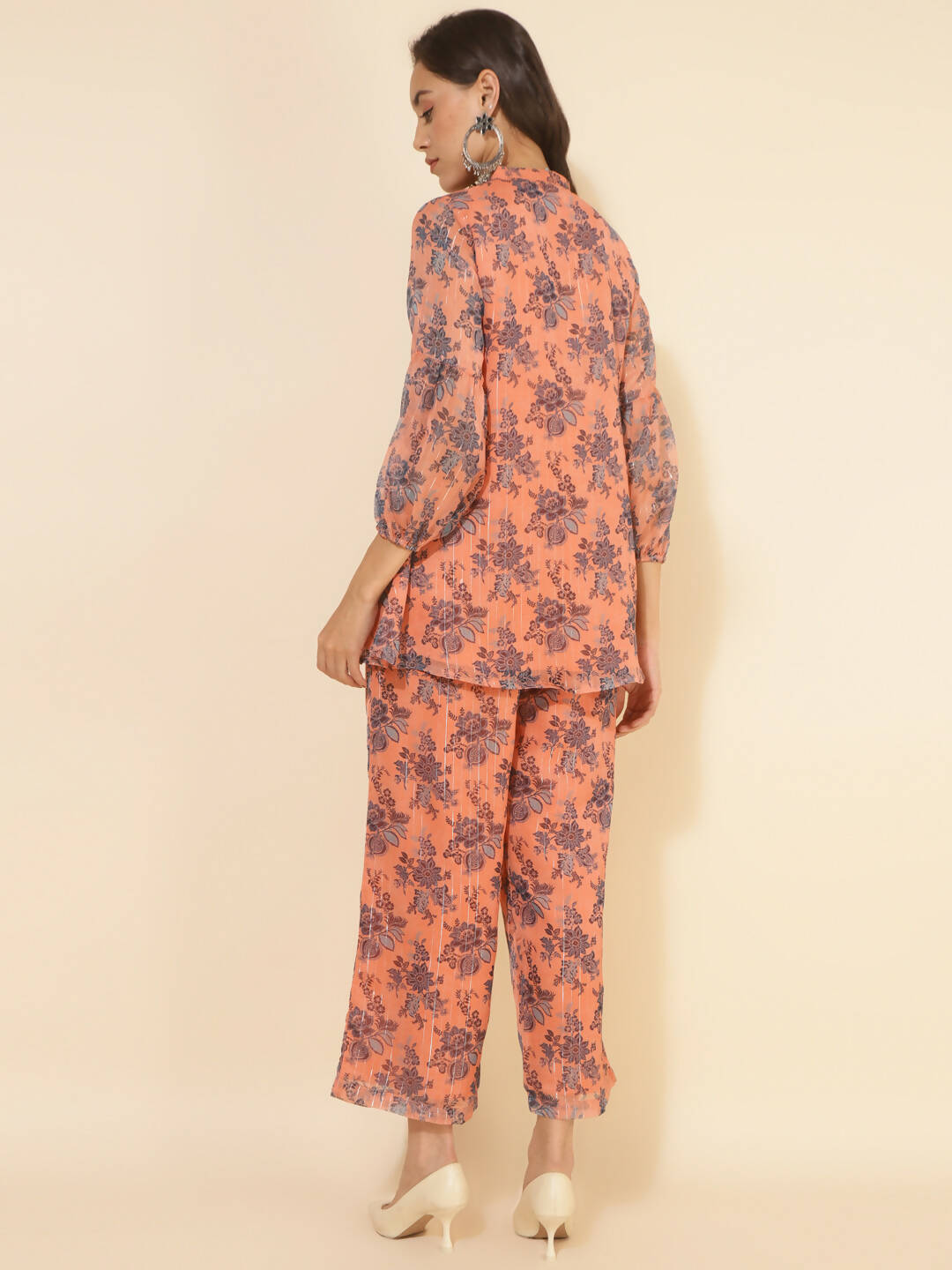 Janasya Women's Peach Chiffon Lurex Floral Printed Festive Regular Co-ords - Swadesiicart