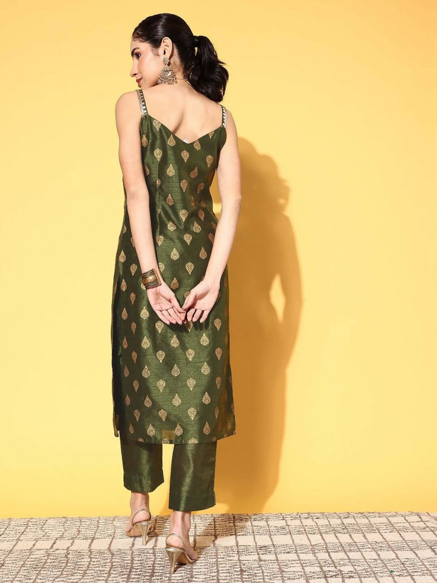 Ahalyaa Women's Olive Colour Poly Silk Gold Printed Kurta Pant Set | Swadesiicart