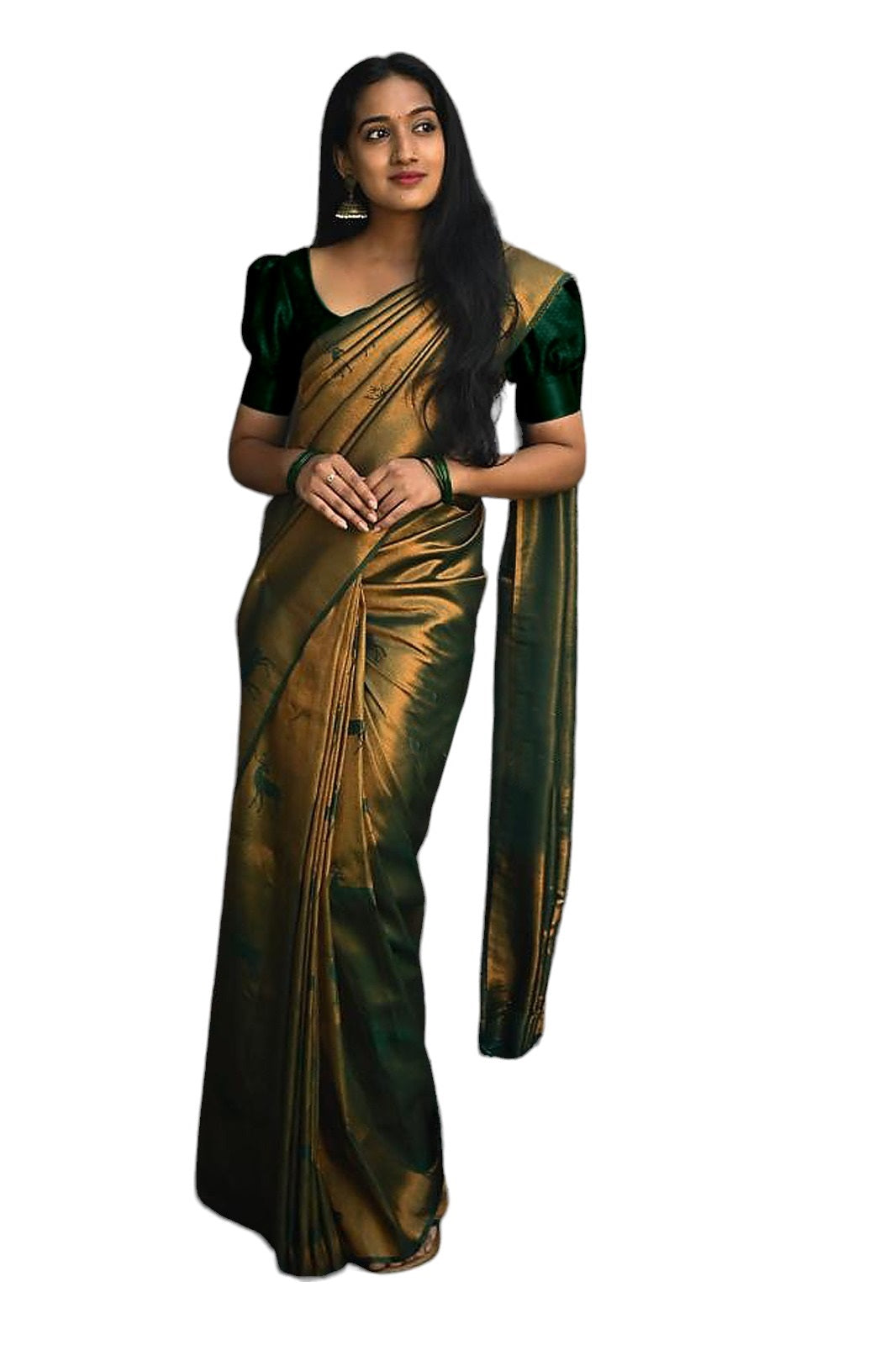 Vamika Weaving Banarasi Jacquard Green Kanjivaram Saree | Swadesiicart