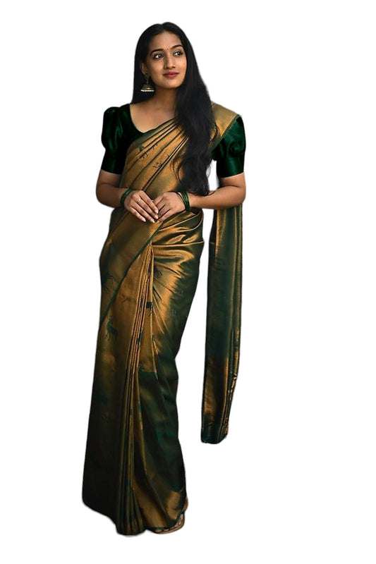 Vamika Weaving Banarasi Jacquard Green Kanjivaram Saree | Swadesiicart