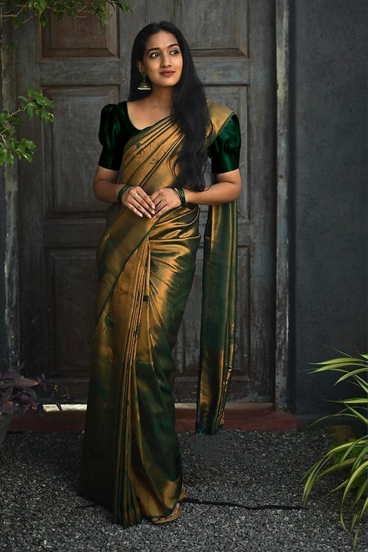 Vamika Weaving Banarasi Jacquard Green Kanjivaram Saree | Swadesiicart