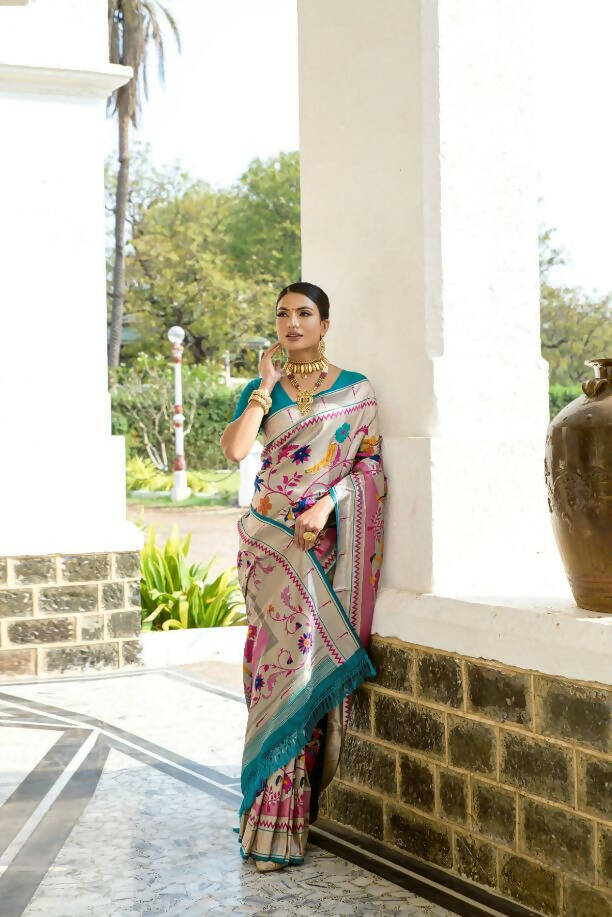 Vishnu Weaves Women's Rama Paithani Silk Zari Woven Saree with Unstitched Blouse - Swadesiicart