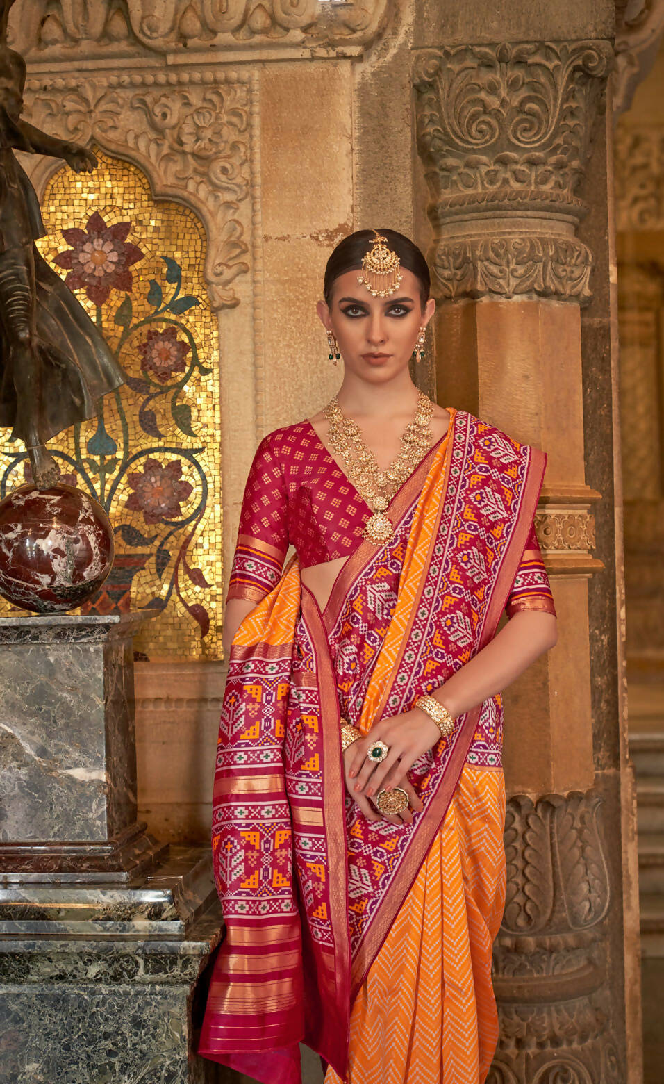 Orange Banarasi Weaving, Ultra Aqua Finish, Zari Work Banarasi Silk Saree - Rath Kunti - Swadesiicart